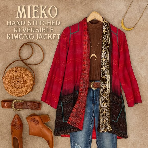 Mieko Hand-Stitched Reversible Kimono Jacket Sz 1 Artisan Boho Patchwork Kantha - Picture 1 of 16